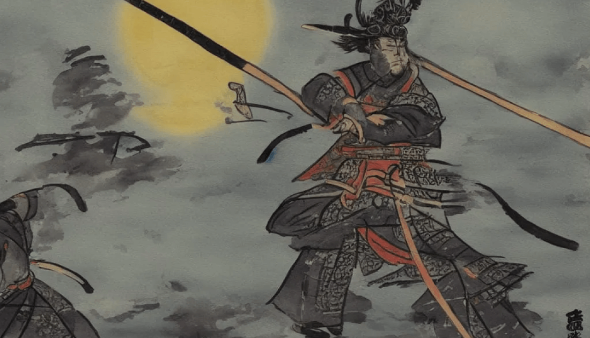 samurai practicing with sword woodblock painting