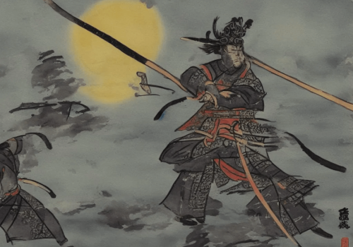 samurai practicing with sword woodblock painting