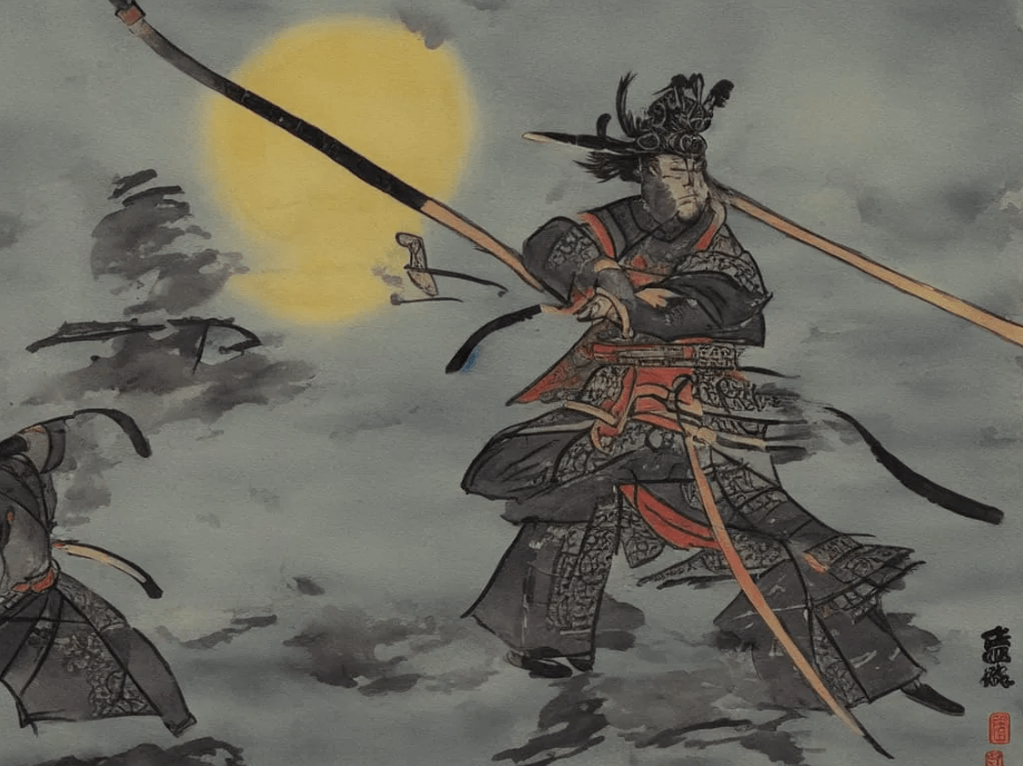 samurai practicing with sword woodblock painting