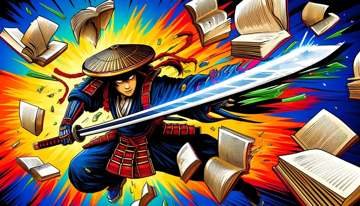 Samurai mid Katana slice cutting through books