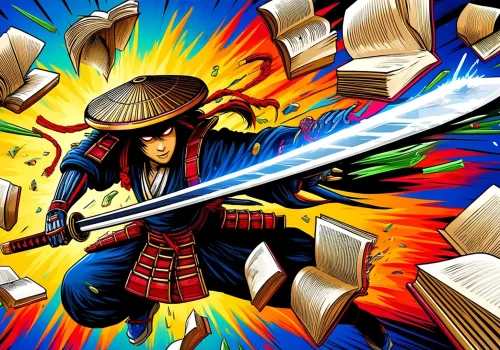 Samurai mid Katana slice cutting through books